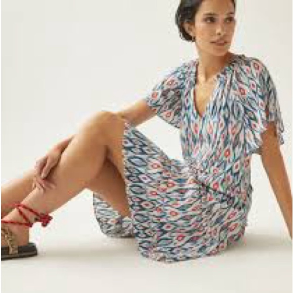 NEW Chic Anthropologie Blue Ikat Print Ruffles Cool Summer Dress Size XS